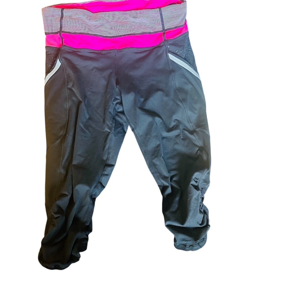 Lululemon Run A Marathon Crop Leggings Womens 6 Black Hot Pink Zip Pockets